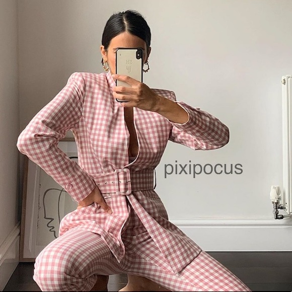 NWT Zara 2 Piece Gingham Belted Blazer + Pants SET - Picture 2 of 12